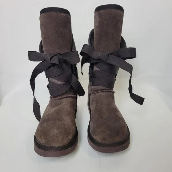 UGG Australia Brown Ribbon Lace Up Sheepskin Wool Boots Womens Size W7 - Picture 3 of 7